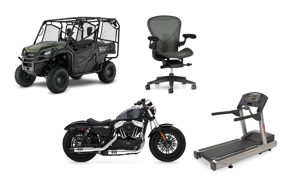 Image of an ATV, motorcycle, Aeron chair, and workout equipment, all products that utilize powder coated parts finished by Techno-Coat.